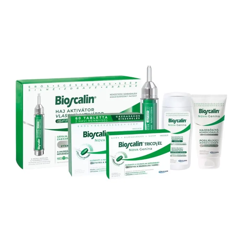 A Bioscalin Nova Genina komplex csomag: Haj aktivátor iSFRP-1, 60 és 30 tablettás doboz, hajerősítő dúsító sampon és kondicionáló