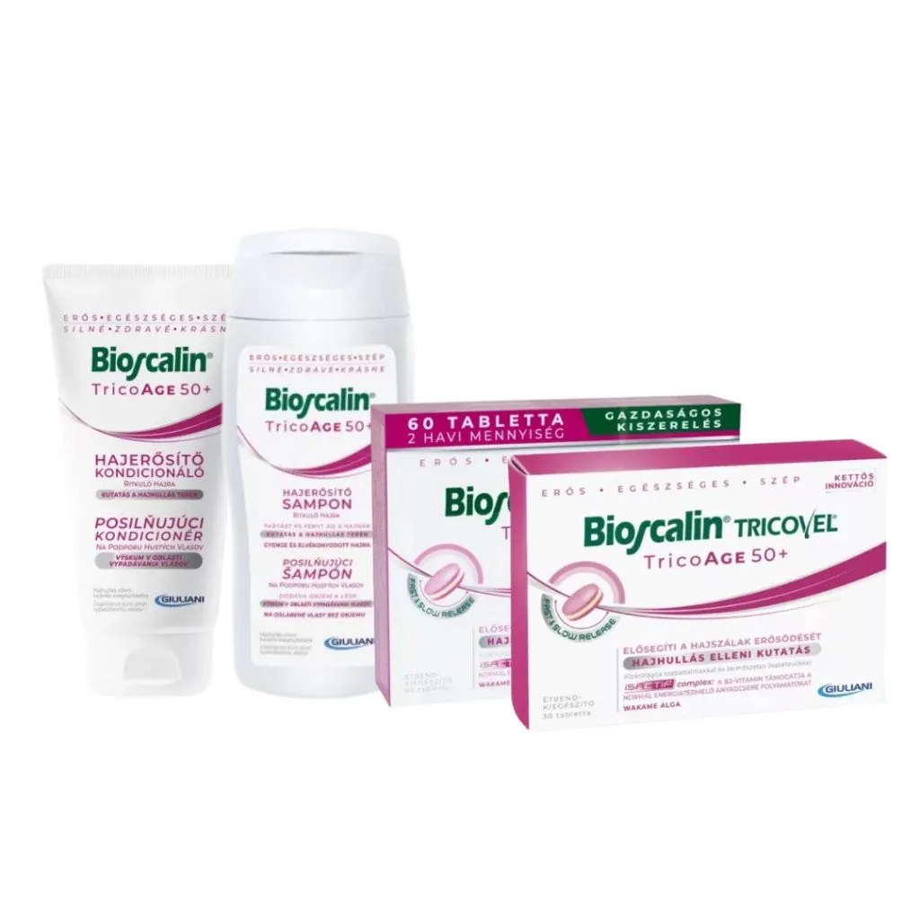 A Bioscalin TricoAGE 50+ csomag: 60 és 30 tablettás doboz, hajerősítő sampon és hajerősítő kondicionáló ritkuló hajra