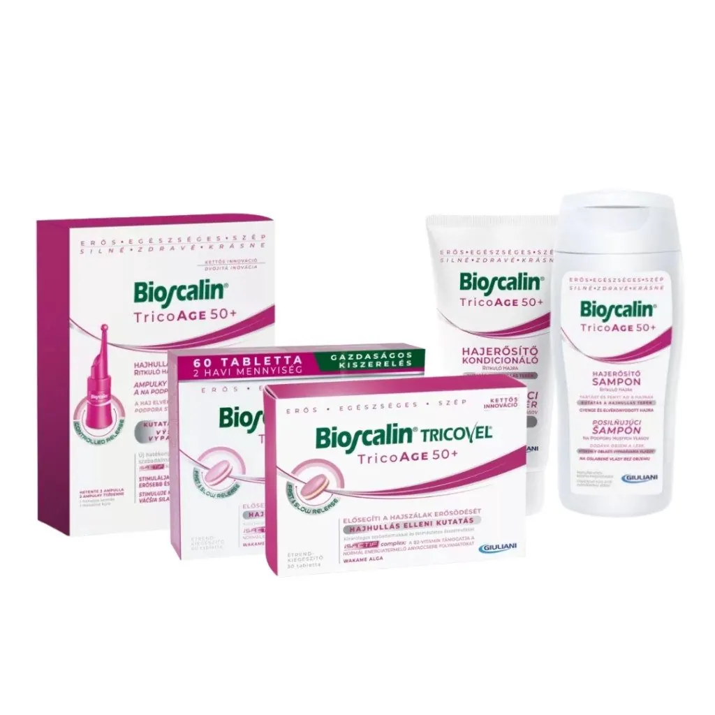A Bioscalin TricoAGE 50+ komplex csomag: hajhullás elleni ampulla, 60 és 30 tablettás doboz, hajerősítő sampon és kondicionáló