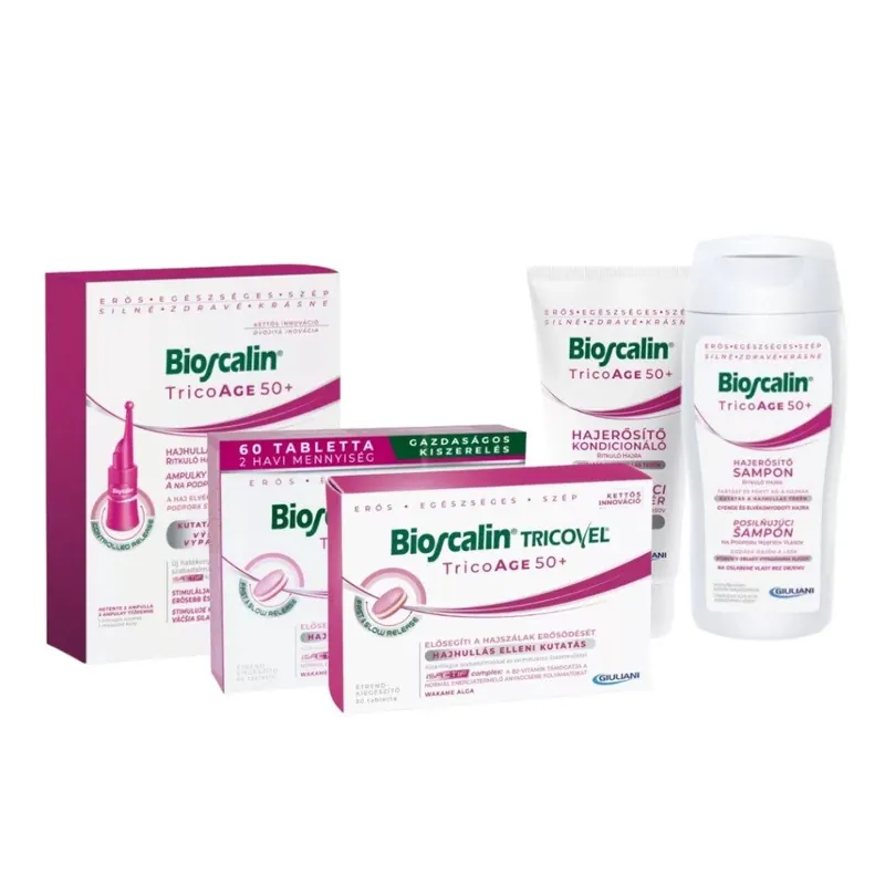 A Bioscalin TricoAGE 50+ komplex csomag: hajhullás elleni ampulla, 60 és 30 tablettás doboz, hajerősítő sampon és kondicionáló