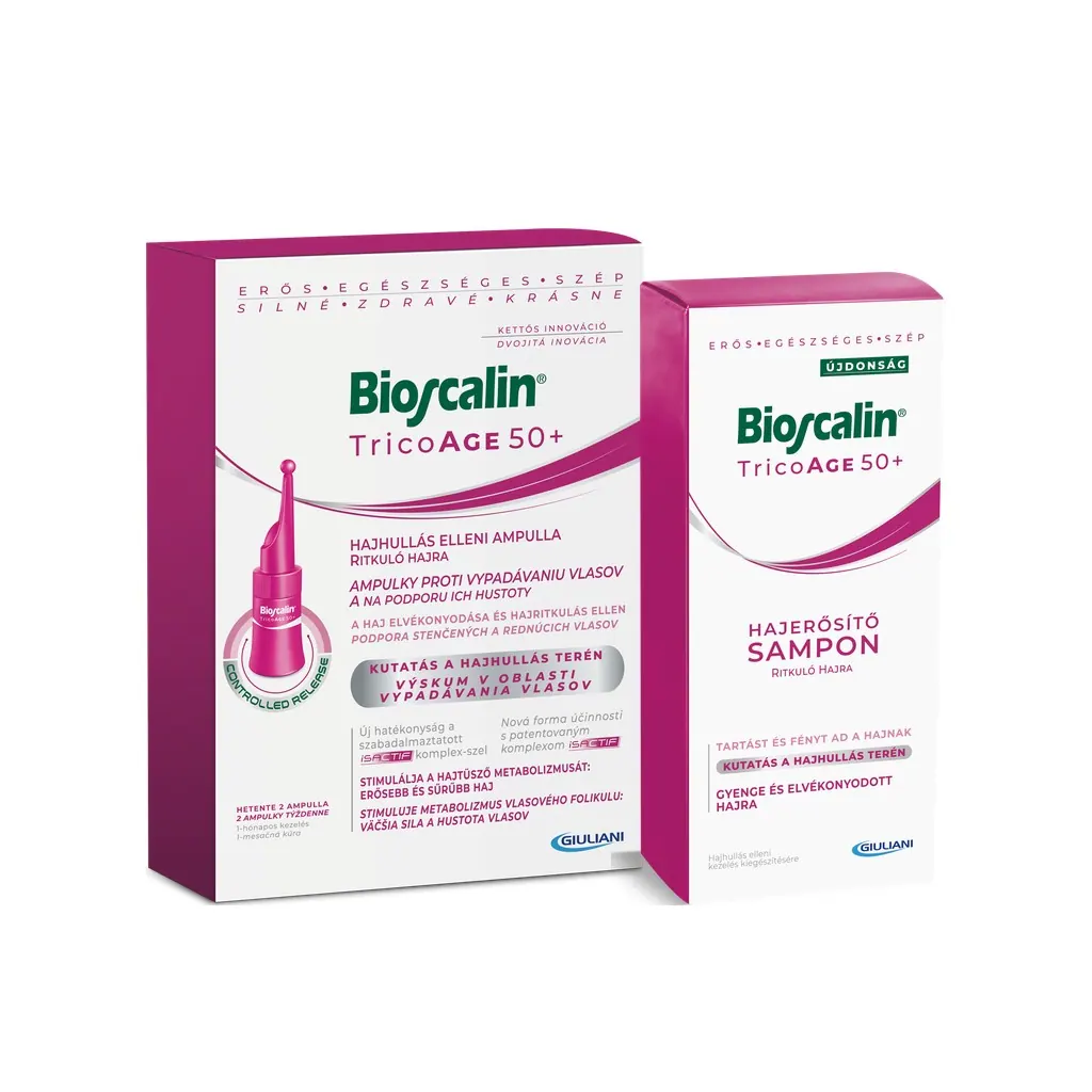 A Bioscalin TricoAGE 50+ hajhullás elleni ampulla doboza és a Bioscalin TricoAGE 50+ hajerősítő sampon doboza