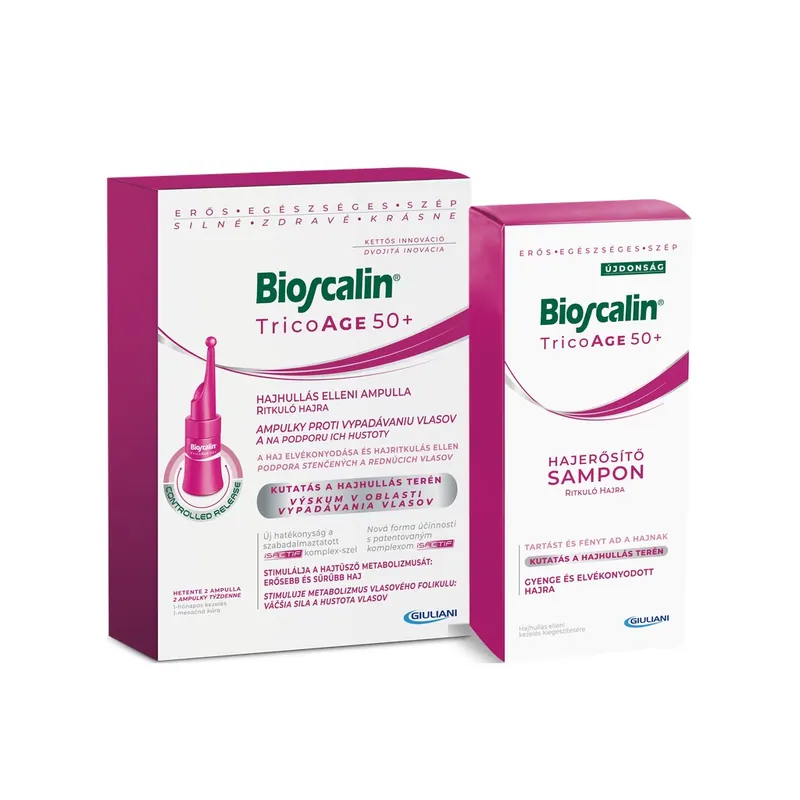 A Bioscalin TricoAGE 50+ hajhullás elleni ampulla doboza és a Bioscalin TricoAGE 50+ hajerősítő sampon doboza