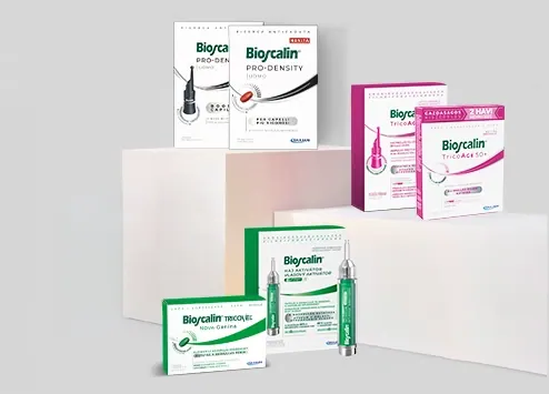 Bioscalin termékcsaládok: Nova Genina tabletta és Haj aktivátor, TricoAGE 50+ ampulla és tabletta, Pro·Density